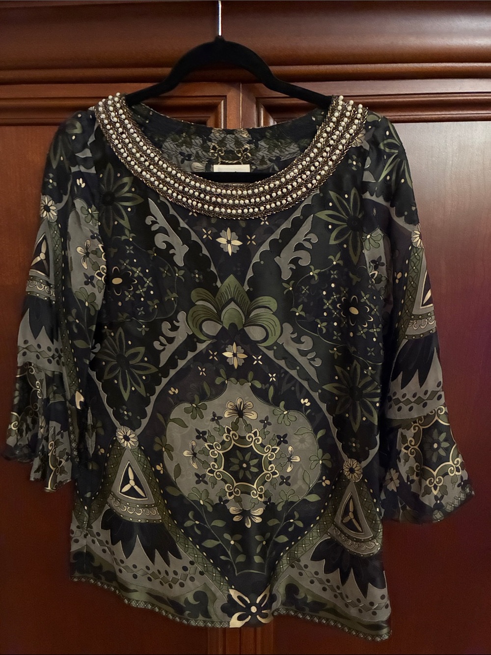 ECI Olive Green & Black Beaded-Neck Blouse